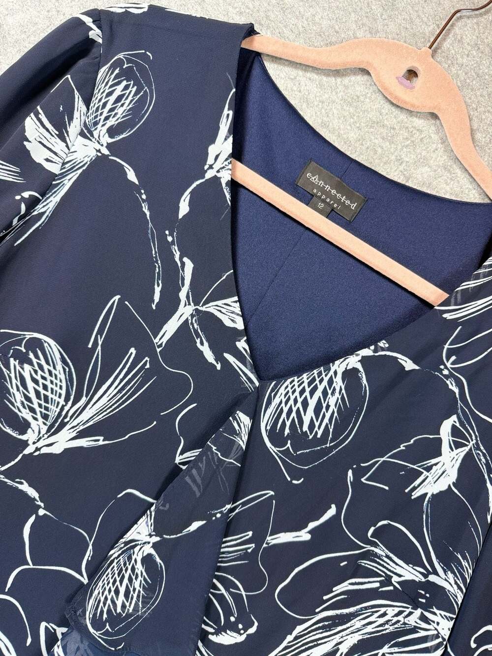 Connected Apparel Navy Blue Floral Ruffle V-Neck Dress Size 12